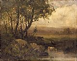 landscape, riverbank, three cows by Edward Mitchell Bannister
